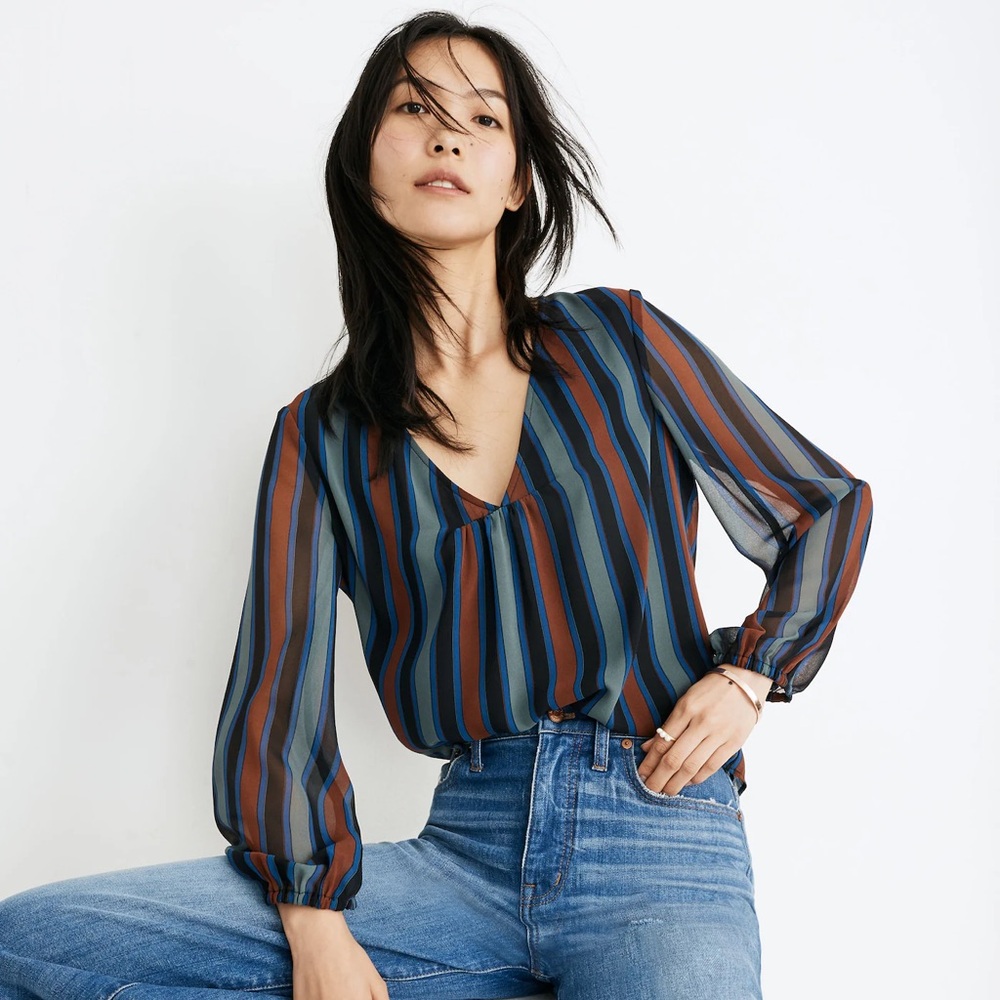 Madewell Sheer Sleeve Striped V-Neck Blouse